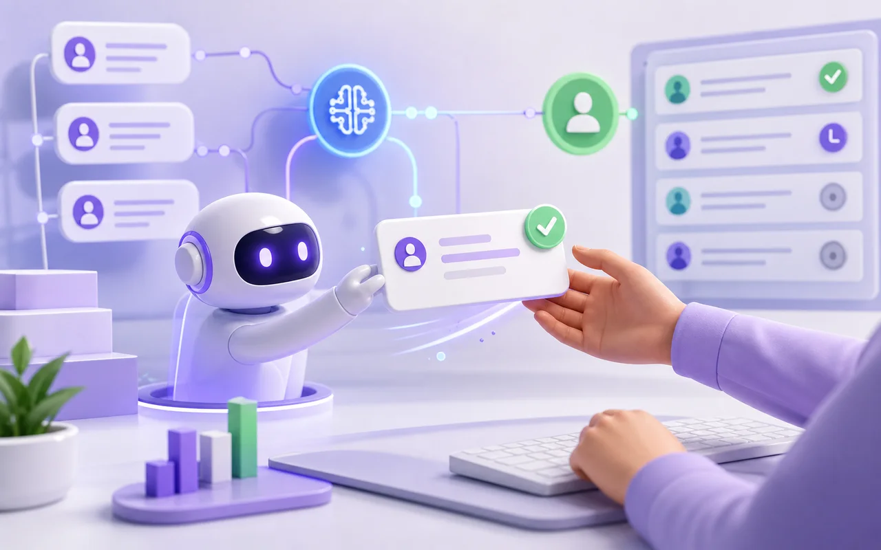 AI assistant handing a customer conversation card to a human support operator