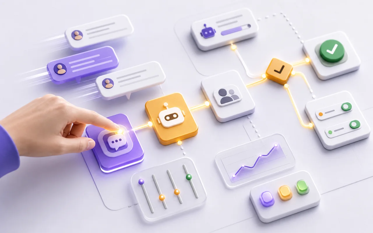 Automation workflow board with connected customer support actions and approval steps